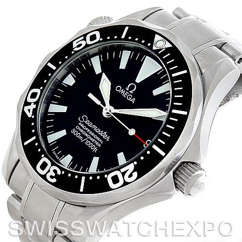 The image shows a frontal angle of an Omega Seamaster 2252.50.00 Men
s Stainless Steel Black Dial 2252.50.00 Men
s Stainless Steel Black Dial watch displaying its bezel, dial, and part of the bracelet.