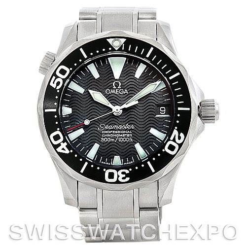 The image shows the front view of the Omega Seamaster 2252.50.00 Men
s Stainless Steel Black Dial 2252.50.00 Men
s Stainless Steel Black Dial watch, displaying its dial, bezel, and stainless steel bracelet.