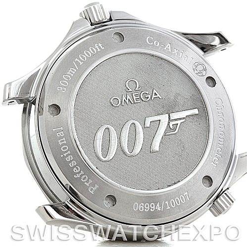 The image shows the back case of an Omega Seamaster 2226.80.00 Men
s Stainless Steel Blue Dial 2226.80.00 Men
s Stainless Steel Blue Dial watch, featuring the 007 logo and various engravings.