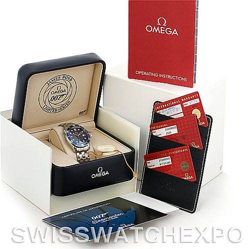 This image shows an Omega Seamaster 2226.80.00 Men
s Stainless Steel Blue Dial 2226.80.00 Men
s Stainless Steel Blue Dial watch, its box, operating instructions, warranty cards, and a certificate card.