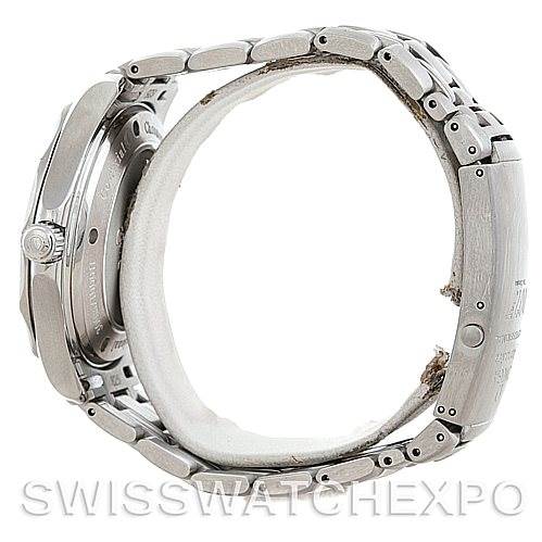 The image shows a side view of an Omega Seamaster 2226.80.00 Men
s Stainless Steel Blue Dial 2226.80.00 Men
s Stainless Steel Blue Dial watch, highlighting the crown, case, and metal bracelet.