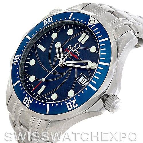 The image shows a close-up angle of the Omega Seamaster 2226.80.00 Men
s Stainless Steel Blue Dial 2226.80.00 Men
s Stainless Steel Blue Dial watch, highlighting its blue dial, bezel, crown, and part of the bracelet.
