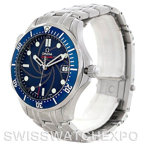 The image shows the Omega Seamaster 2226.80.00 Men
s Stainless Steel Blue Dial 2226.80.00 Men
s Stainless Steel Blue Dial watch at an angled side view, highlighting the face, bezel, crown, and metal bracelet.