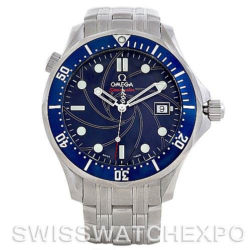 The image shows a front view of the Omega Seamaster 2226.80.00 Men
s Stainless Steel Blue Dial 2226.80.00 Men
s Stainless Steel Blue Dial watch, highlighting its dial, bezel, and stainless steel bracelet.
