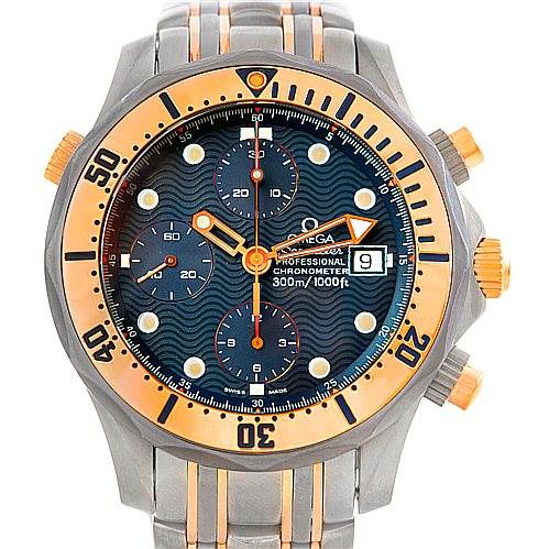 The image shows a front view of the Omega Seamaster 2296.80.00 Men
s Titanium Blue Dial 2296.80.00 Men
s Titanium Blue Dial watch, highlighting the dial, bezel, chronograph subdials, and date window.