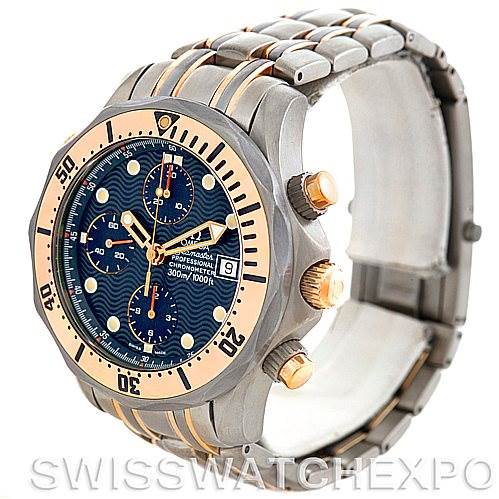 The image shows a side-angle view of the Omega Seamaster 2296.80.00 Men
s Titanium Blue Dial 2296.80.00 Men
s Titanium Blue Dial watch, highlighting its bezel, chronograph buttons, and bracelet.