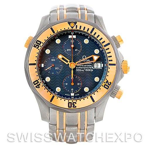 The image shows a front view of an Omega Seamaster 2296.80.00 Men
s Titanium Blue Dial 2296.80.00 Men
s Titanium Blue Dial watch with a detailed look at its face, bezel, and bracelet.