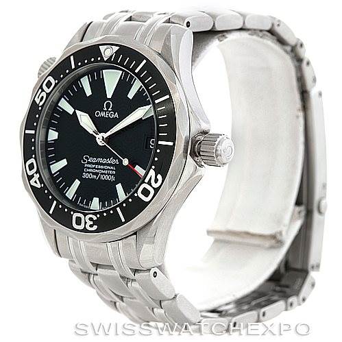 The image shows an Omega Seamaster 2252.50.00 Men
s Stainless Steel Black Dial 2252.50.00 Men
s Stainless Steel Black Dial watch angled to display the face, bezel, and part of the bracelet.