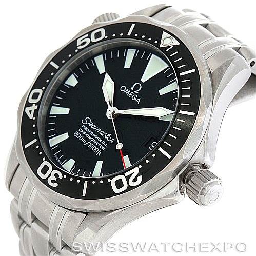 The image shows an angled view of the Omega Seamaster 2252.50.00 Men
s Stainless Steel Black Dial 2252.50.00 Men
s Stainless Steel Black Dial watch, highlighting the bezel, dial, and part of the stainless steel bracelet.