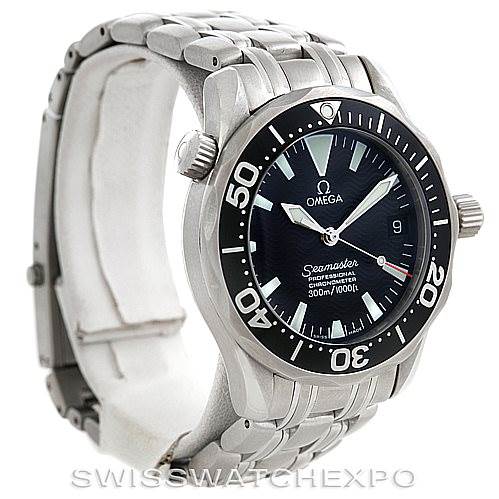 The image shows an Omega Seamaster 2252.50.00 Men
s Stainless Steel Black Dial 2252.50.00 Men
s Stainless Steel Black Dial watch angled from the top left, displaying the bezel, dial, case, bracelet, and crown.