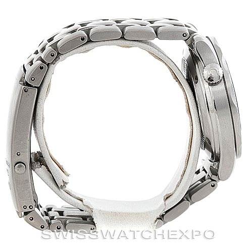 The image shows a side profile of the Omega Seamaster 2252.50.00 Men
s Stainless Steel Black Dial 2252.50.00 Men
s Stainless Steel Black Dial watch, highlighting the case, crown, and bracelet links.