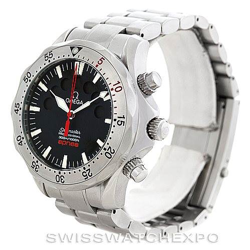This image shows an Omega Seamaster 2595.50.00 Men
s Stainless Steel Black Dial 2595.50.00 Men
s Stainless Steel Black Dial watch from a front-left angle, highlighting the watch face, bezel, crown, and bracelet.