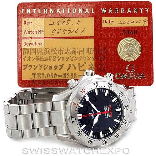 The image shows an angled view of the Omega Seamaster 2595.50.00 Men
s Stainless Steel Black Dial 2595.50.00 Men
s Stainless Steel Black Dial watch and its international warranty card.