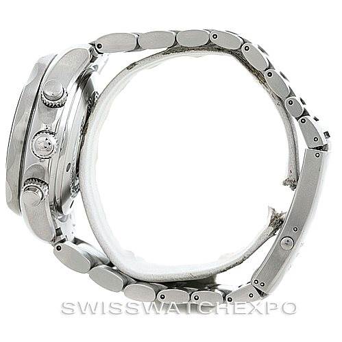 The image shows a side view of an Omega Seamaster 2595.50.00 Men
s Stainless Steel Black Dial 2595.50.00 Men
s Stainless Steel Black Dial, highlighting its stainless steel bracelet and chronograph buttons.