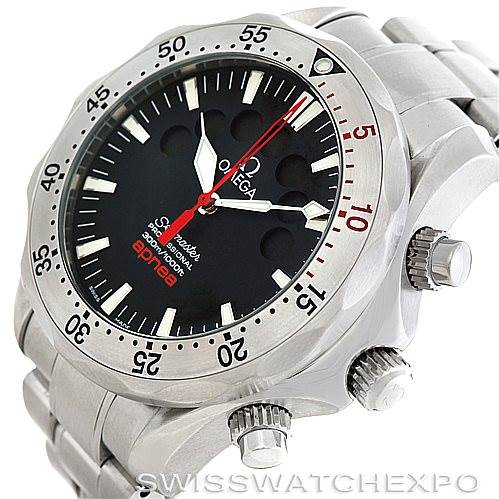 The Omega Seamaster 2595.50.00 Men
s Stainless Steel Black Dial 2595.50.00 Men
s Stainless Steel Black Dial watch is shown at a three-quarter angle, displaying the dial, bezel, crown, and stainless steel bracelet.