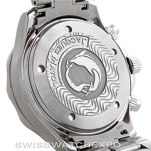 The image shows the back case and part of the bracelet of an Omega Seamaster 2595.50.00 Men
s Stainless Steel Black Dial 2595.50.00 Men
s Stainless Steel Black Dial watch.