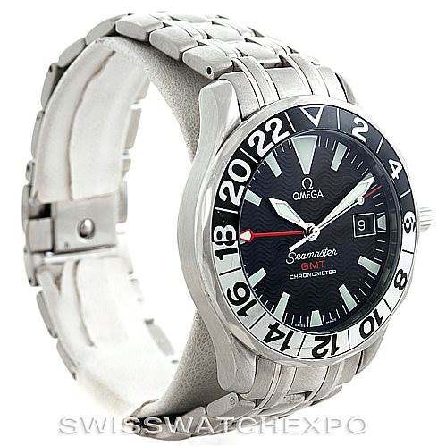 The image shows an Omega Seamaster 2234.50.00 Men
s Stainless Steel Black Dial 2234.50.00 Men
s Stainless Steel Black Dial watch angled slightly from the side, highlighting its dial, bezel, bracelet, and clasp.