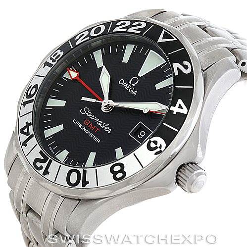 The image shows the Omega Seamaster 2234.50.00 Men
s Stainless Steel Black Dial 2234.50.00 Men
s Stainless Steel Black Dial watch from an angled front view, highlighting the dial, bezel, and part of the stainless steel bracelet.