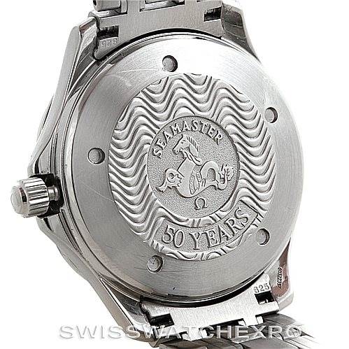 The image shows the case back of an Omega Seamaster 2234.50.00 Men
s Stainless Steel Black Dial 2234.50.00 Men
s Stainless Steel Black Dial watch with an engraved design and text commemorating "50 Years."