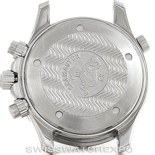 This is a rear view of an Omega Seamaster 2594.52.00 Men
s Stainless Steel Black Dial 2594.52.00 Men
s Stainless Steel Black Dial watch, showing the case back with its engraved detailing and crown side buttons.