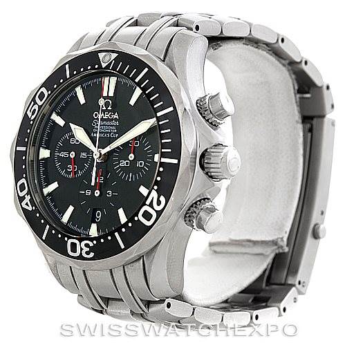 The image shows an Omega Seamaster 2594.52.00 Men
s Stainless Steel Black Dial 2594.52.00 Men
s Stainless Steel Black Dial watch from a slightly angled side view, highlighting the bezel, dial, and bracelet.