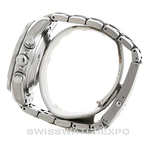 The image shows a side view of an Omega Seamaster 2594.52.00 Men
s Stainless Steel Black Dial 2594.52.00 Men
s Stainless Steel Black Dial watch, highlighting the case, three crowns, and the metal bracelet.