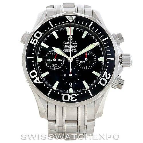 The image shows a front view of the Omega Seamaster 2594.52.00 Men
s Stainless Steel Black Dial 2594.52.00 Men
s Stainless Steel Black Dial watch, displaying the face, bezel, and bracelet.