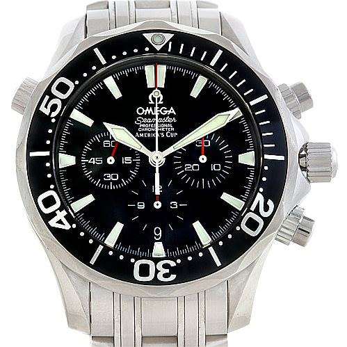 The image shows a front view of an Omega Seamaster 2594.52.00 Men
s Stainless Steel Black Dial 2594.52.00 Men
s Stainless Steel Black Dial watch, highlighting its face, bezel, and chronograph dials.