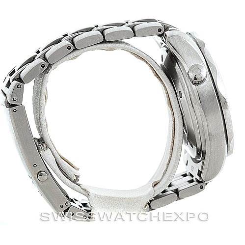 The image shows a side view of an Omega Seamaster 2594.52.00 Men
s Stainless Steel Black Dial 2594.52.00 Men
s Stainless Steel Black Dial watch, highlighting its stainless steel bracelet and crown.