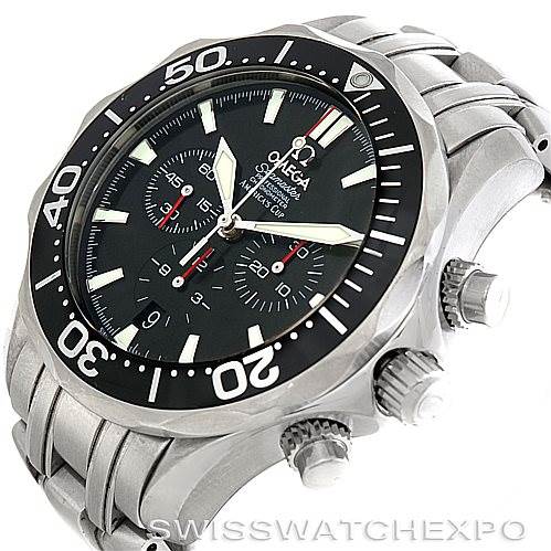The image shows an angled view of an Omega Seamaster 2594.52.00 Men
s Stainless Steel Black Dial 2594.52.00 Men
s Stainless Steel Black Dial watch, highlighting the bezel, dial, and side buttons.