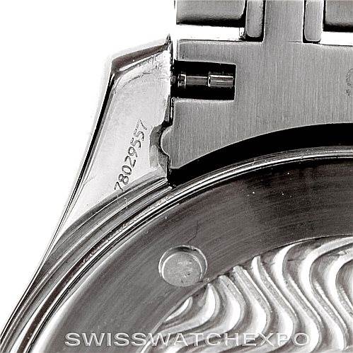 This image shows a close-up of the case back and bracelet attachment of an Omega Seamaster 2594.52.00 Men
s Stainless Steel Black Dial 2594.52.00 Men
s Stainless Steel Black Dial watch.