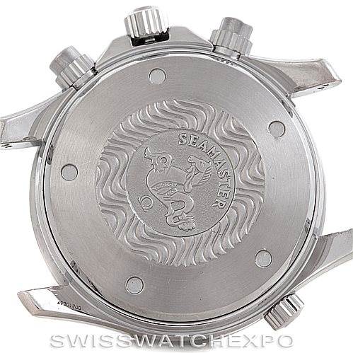 This image shows the back case of an Omega Seamaster 2599.80.00 Men
s Stainless Steel Blue Dial 2599.80.00 Men
s Stainless Steel Blue Dial watch from a top-down angle, highlighting the brand
s emblem and engraving.