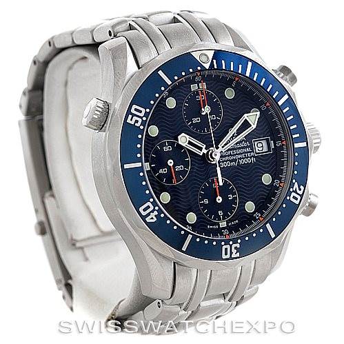 This image shows a side-front angle of an Omega Seamaster 2599.80.00 Men
s Stainless Steel Blue Dial 2599.80.00 Men
s Stainless Steel Blue Dial watch, highlighting its bezel, dial, chronograph subdials, and bracelet.