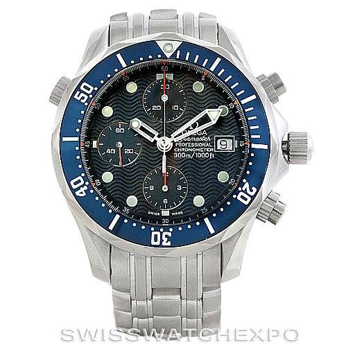 The image shows a front view of an Omega Seamaster 2599.80.00 Men
s Stainless Steel Blue Dial 2599.80.00 Men
s Stainless Steel Blue Dial watch, highlighting its blue bezel, dial, chronograph subdials, and date window.