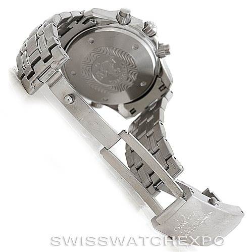 The image shows the back case, bracelet, and clasp of an Omega Seamaster 2599.80.00 Men
s Stainless Steel Blue Dial 2599.80.00 Men
s Stainless Steel Blue Dial watch from a bottom view.