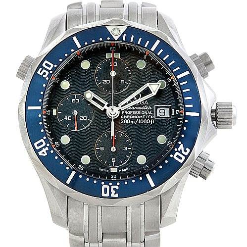 The image shows a frontal view of the Omega Seamaster 2599.80.00 Men
s Stainless Steel Blue Dial 2599.80.00 Men
s Stainless Steel Blue Dial watch, featuring its bezel, dial, chronograph sub-dials, and bracelet.