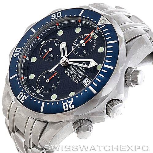 The image shows an Omega Seamaster 2599.80.00 Men
s Stainless Steel Blue Dial 2599.80.00 Men
s Stainless Steel Blue Dial watch at an angle highlighting the face, crown, and parts of the bracelet.