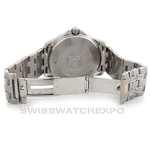 The image shows the back view of the Omega Seamaster 2234.50.00 Men
s Stainless Steel Black Dial 2234.50.00 Men
s Stainless Steel Black Dial watch, highlighting its open stainless steel bracelet and clasp.