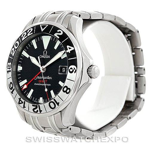 The image shows an Omega Seamaster 2234.50.00 Men
s Stainless Steel Black Dial 2234.50.00 Men
s Stainless Steel Black Dial watch at a three-quarter angle, highlighting the dial, bezel, crown, and metal bracelet.