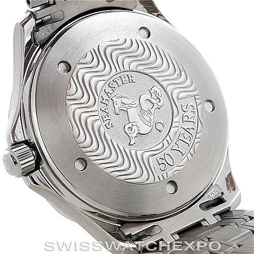 This image shows the back case of an Omega Seamaster 2234.50.00 Men
s Stainless Steel Black Dial 2234.50.00 Men
s Stainless Steel Black Dial watch, highlighting the "50 Years" engraving.