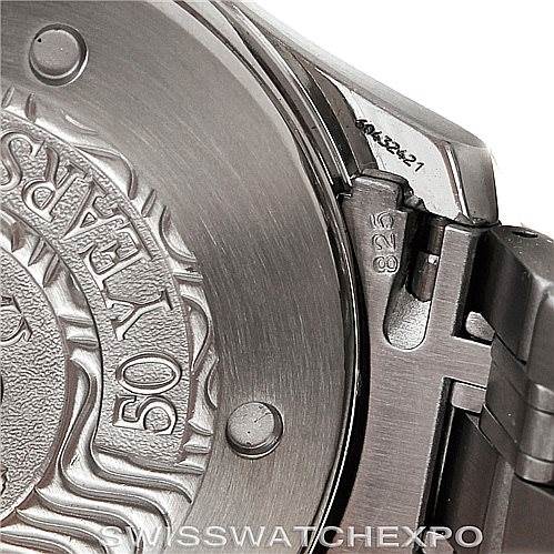 The close-up angle shows the case back and part of the bracelet clasp of an Omega Seamaster 2234.50.00 Men
s Stainless Steel Black Dial 2234.50.00 Men
s Stainless Steel Black Dial watch.