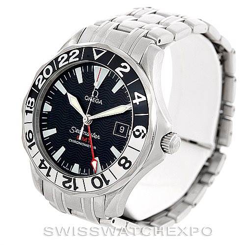 The image shows an Omega Seamaster 2234.50.00 Men
s Stainless Steel Black Dial 2234.50.00 Men
s Stainless Steel Black Dial watch from a front-right angle, displaying its bezel, dial, hands, crown, and bracelet.