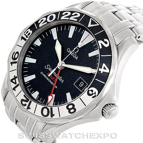 The Omega Seamaster 2234.50.00 Men
s Stainless Steel Black Dial 2234.50.00 Men
s Stainless Steel Black Dial watch is shown at a slightly angled view, highlighting the face, bezel, and part of the strap.