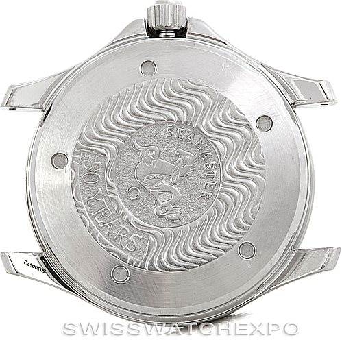 The image shows the case back of an Omega Seamaster 2234.50.00 Men
s Stainless Steel Black Dial 2234.50.00 Men
s Stainless Steel Black Dial watch, featuring its engraving and detailing.