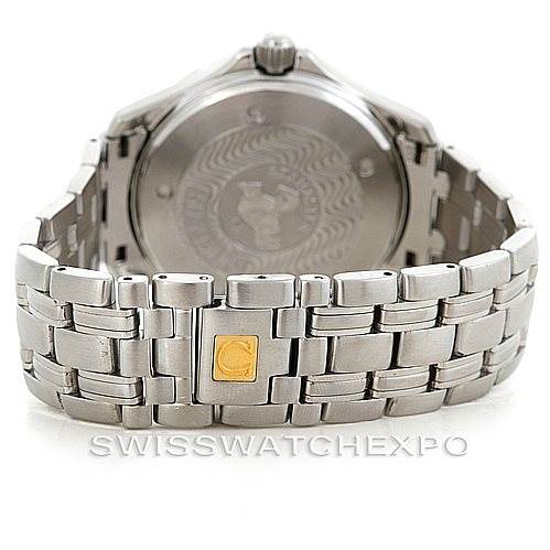 The image shows the back view of an Omega Seamaster 2234.50.00 Men
s Stainless Steel Black Dial 2234.50.00 Men
s Stainless Steel Black Dial watch, highlighting its stainless steel bracelet and clasp.