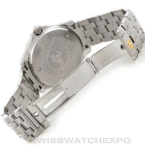 The image shows the back and bracelet clasp of an Omega Seamaster 2234.50.00 Men
s Stainless Steel Black Dial 2234.50.00 Men
s Stainless Steel Black Dial watch at an angle highlighting the engraved case back and clasp detail.