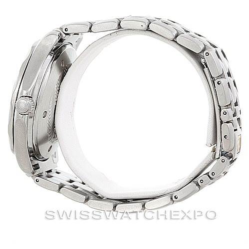 This image shows the Omega Seamaster 2234.50.00 Men
s Stainless Steel Black Dial 2234.50.00 Men
s Stainless Steel Black Dial watch from a side view, highlighting the case
s profile and metal bracelet.