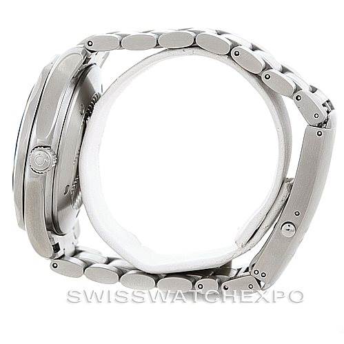 The image shows a side view of an Omega Seamaster 2538.20.00 Men
s Stainless Steel White Dial 2538.20.00 Men
s Stainless Steel White Dial watch, highlighting the case, crown, and bracelet.