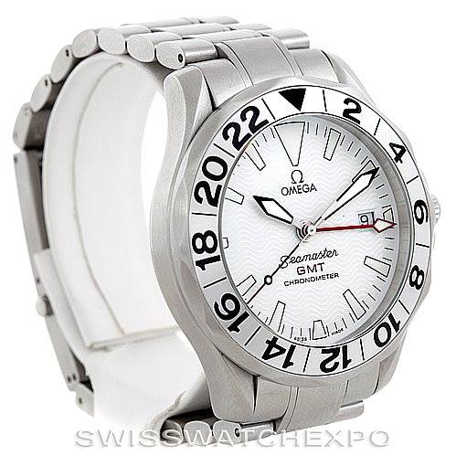 The image shows an Omega Seamaster 2538.20.00 Men
s Stainless Steel White Dial 2538.20.00 Men
s Stainless Steel White Dial GMT Chronometer from a 3/4 front angle, highlighting its dial, bezel, and bracelet.