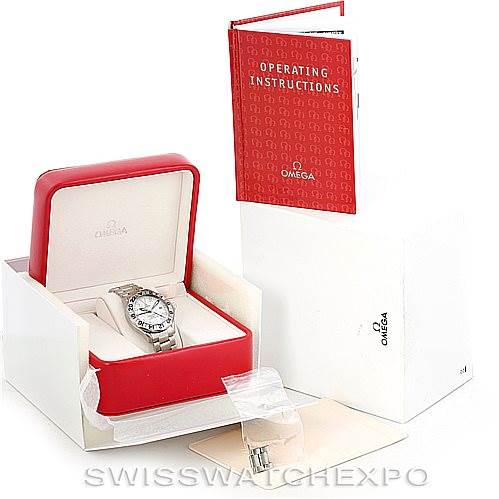 The image shows an Omega Seamaster 2538.20.00 Men
s Stainless Steel White Dial 2538.20.00 Men
s Stainless Steel White Dial watch in its red box, along with an instruction manual, an additional link, and external packaging.